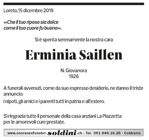 Annuncio funebre Erminia Saillen