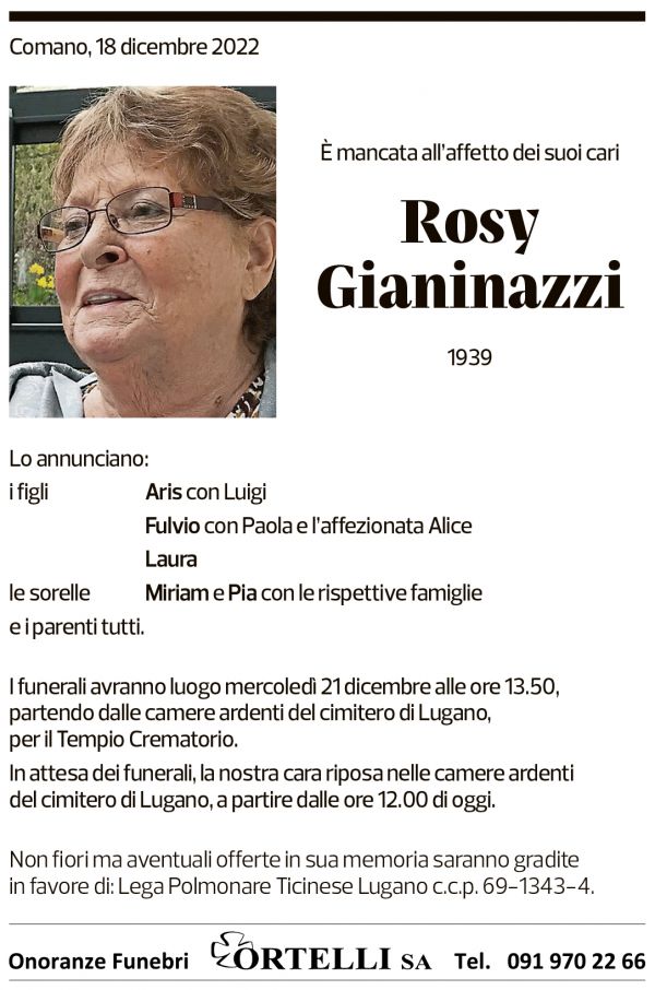 Annuncio funebre Rosy Gianinazzi