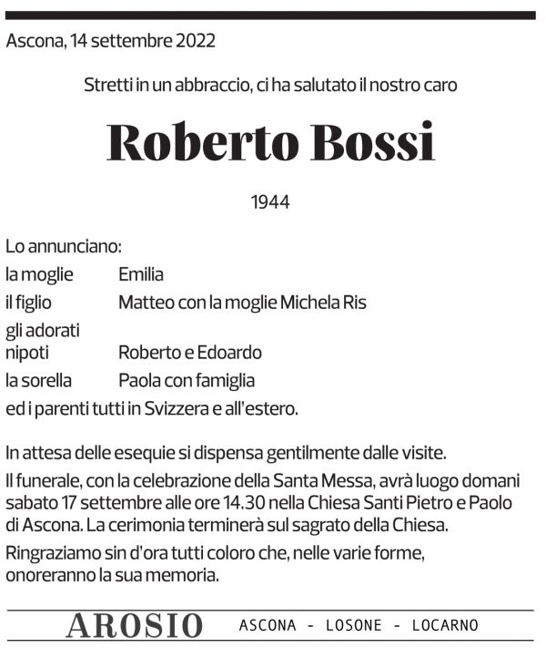 Annuncio funebre Roberto Bossi