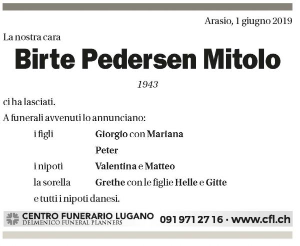 Annuncio funebre Birte Pedersen Mitolo