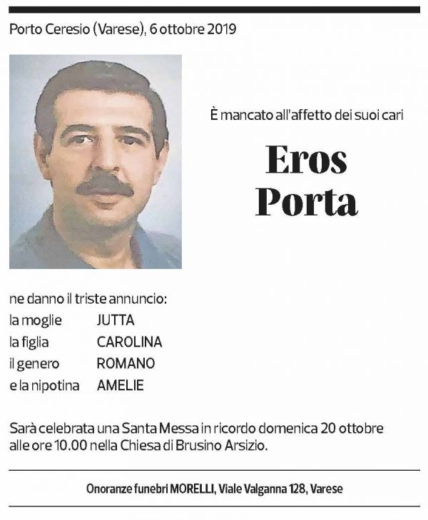 Annuncio funebre Eros Porta