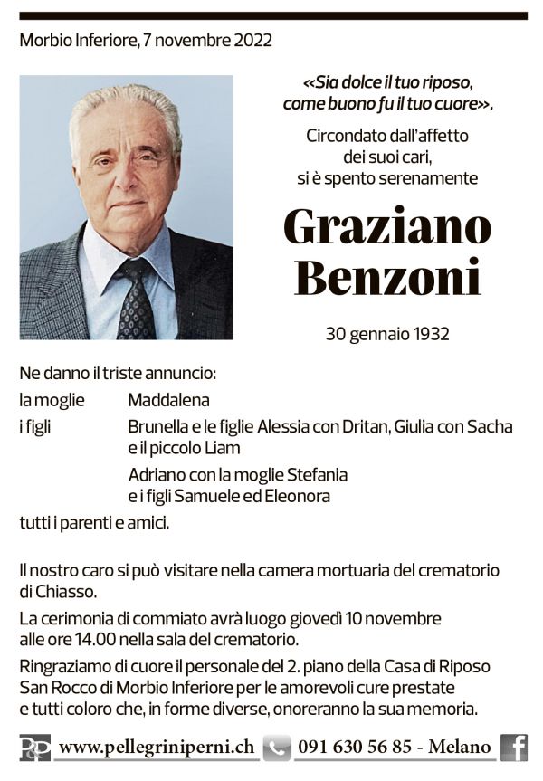 Annuncio funebre Graziano Benzoni