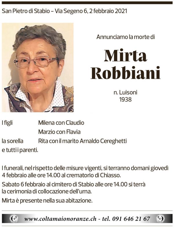 Annuncio funebre Mirta Robbiani