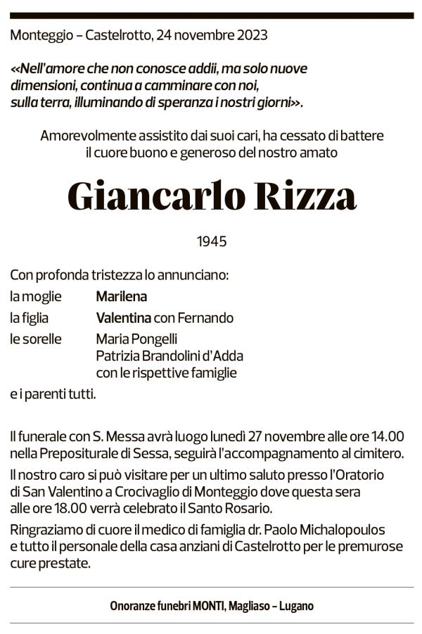 Annuncio funebre Giancarlo Rizza