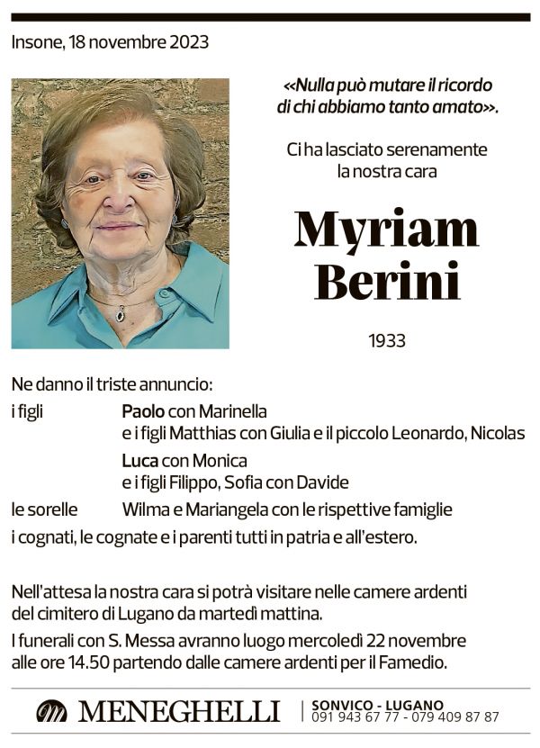 Annuncio funebre Myriam Berini