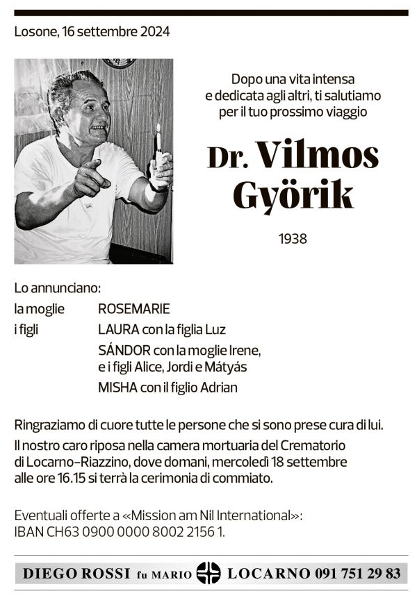 Annuncio funebre Vilmos Gyorik