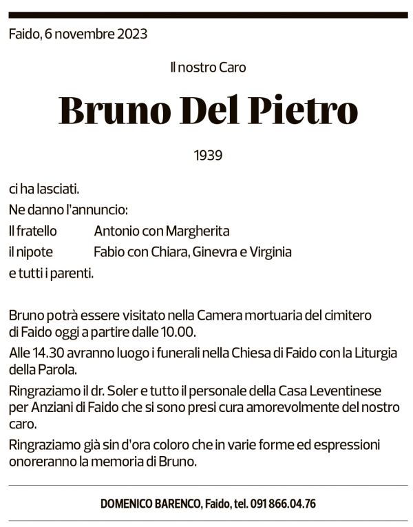 Annuncio funebre Bruno Del Pietro