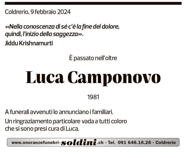 Annuncio funebre Luca Camponovo