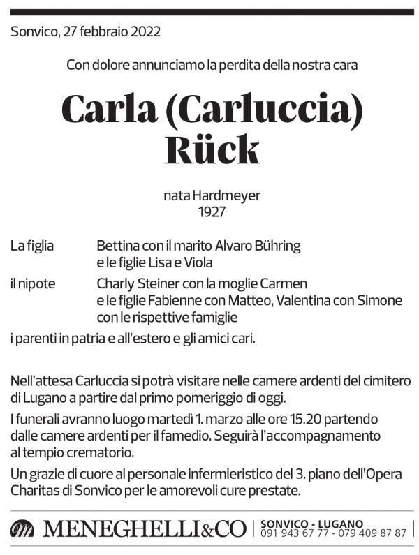 Annuncio funebre Carla Rück