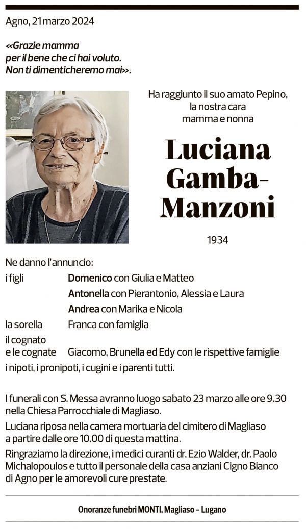 Annuncio funebre Luciana Gamba-manzoni