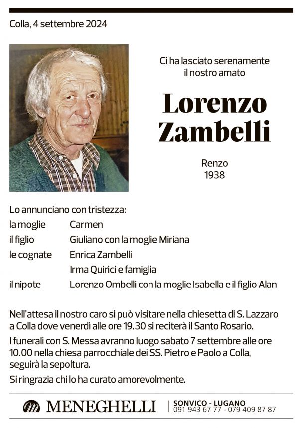 Annuncio funebre Lorenzo Zambelli