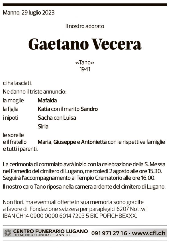 Annuncio funebre Gaetano Vecera