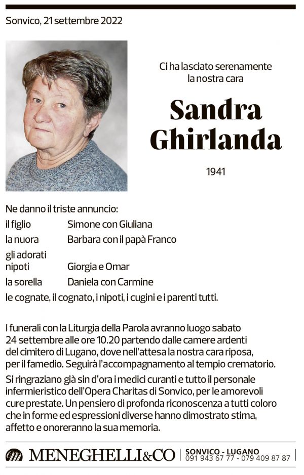 Annuncio funebre Sandra Ghirlanda