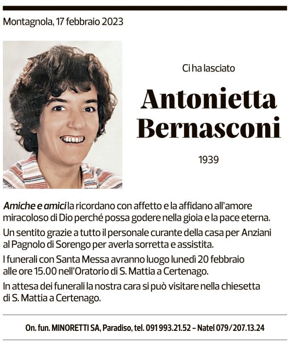 Annuncio funebre Antonietta Bernasconi