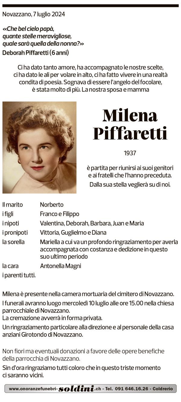 Annuncio funebre Milena Piffaretti