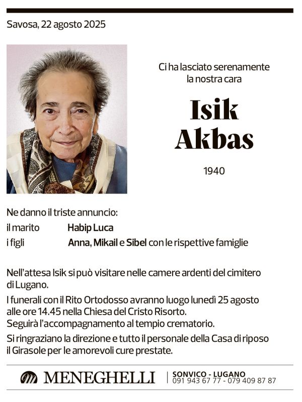 Annuncio funebre Isik Akbas