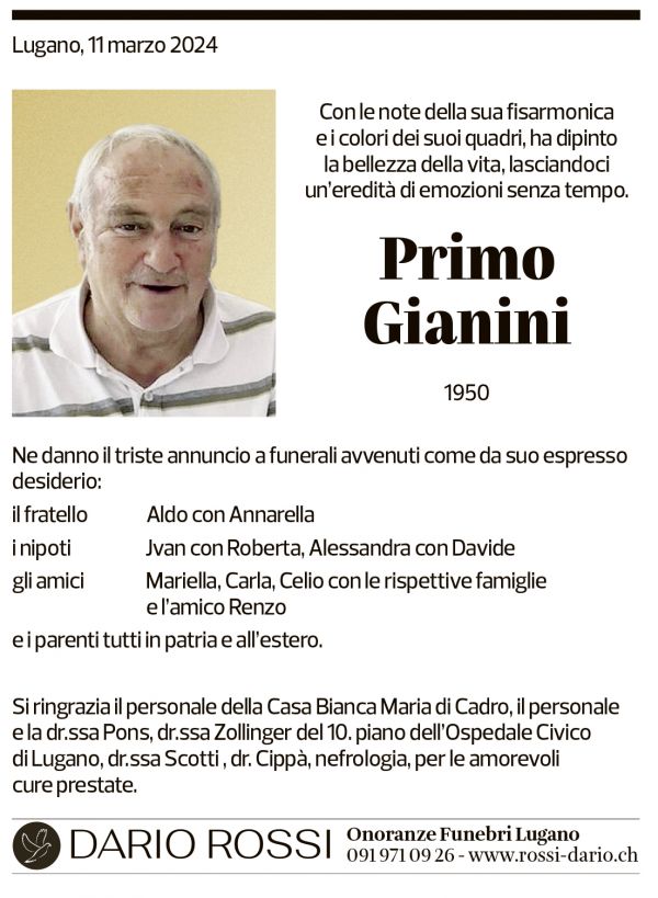 Annuncio funebre Primo Gianini