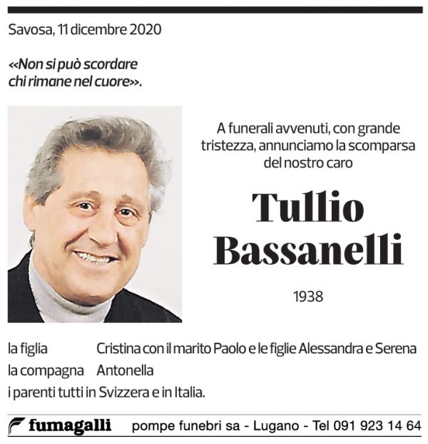 Annuncio funebre Tullio Bassanelli