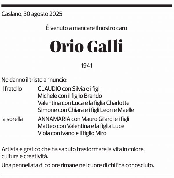 Annuncio funebre Orio Galli