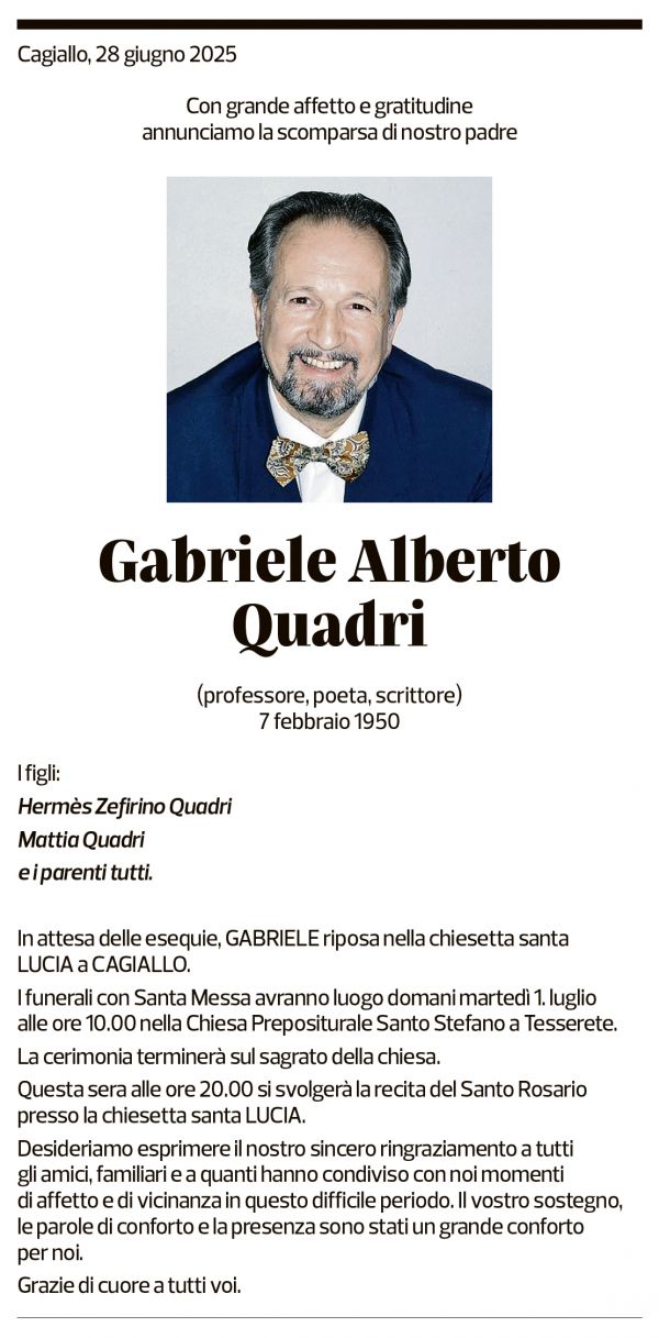 Annuncio funebre Gabriele Alberto Quadri