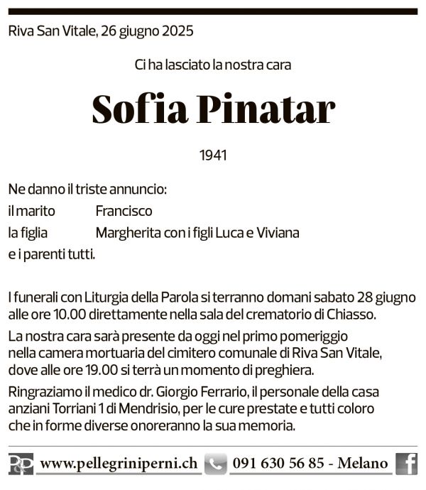 Annuncio funebre Sofia Pinatar