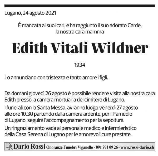 Annuncio funebre Edith Vitali Wildner