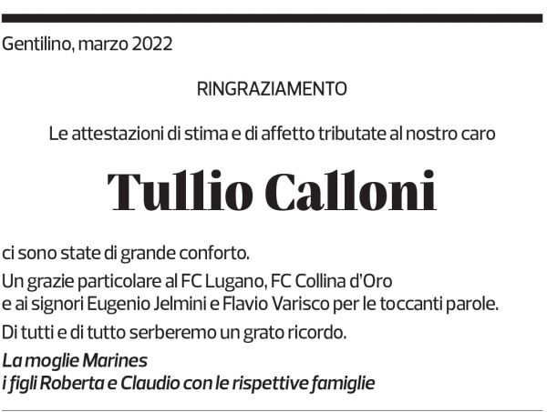 Annuncio funebre Tullio Calloni