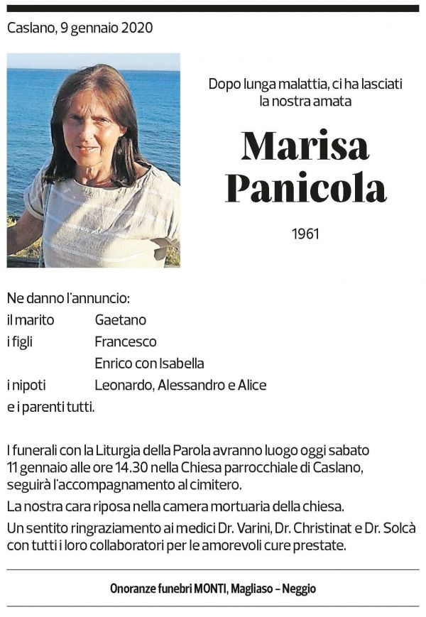 Annuncio funebre Marisa Panicola
