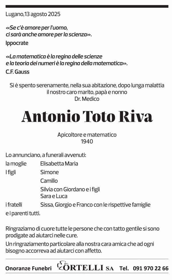 Annuncio funebre Antonio Toto Riva