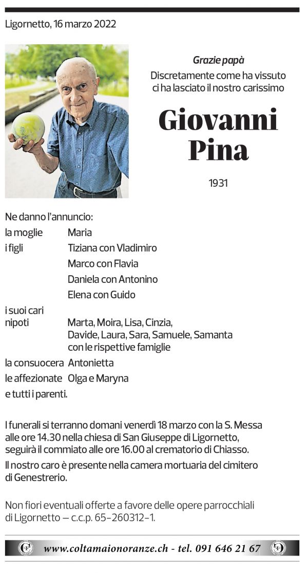 Annuncio funebre Giovanni Pina