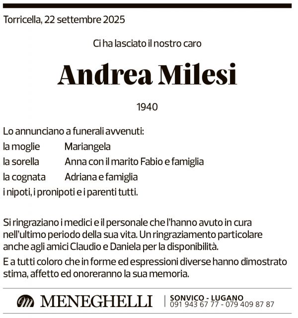 Annuncio funebre Andrea Milesi