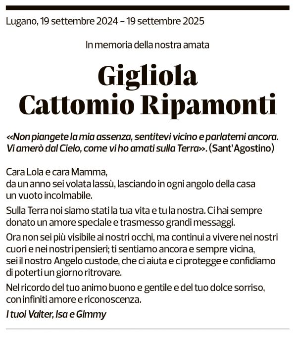 Annuncio funebre Gigliola Cattomio Ripamonti