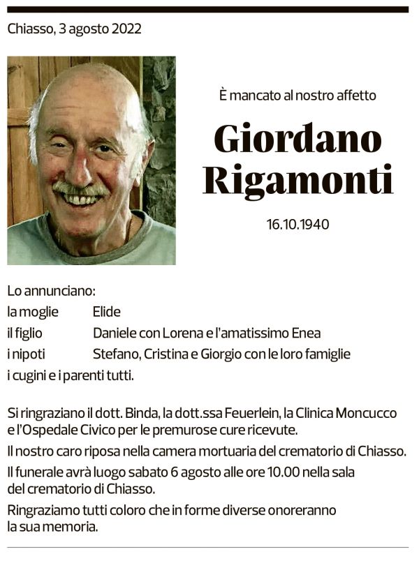 Annuncio funebre Giordano Rigamonti