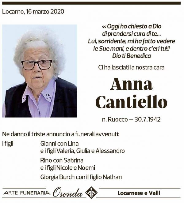 Annuncio funebre Anna Cantiello