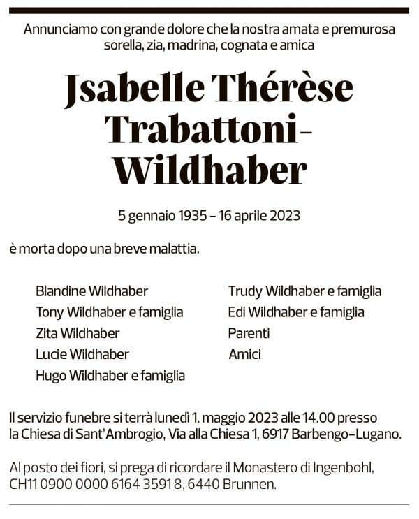 Annuncio funebre Jsabelle Thérèse Trabattoni-wildhaber