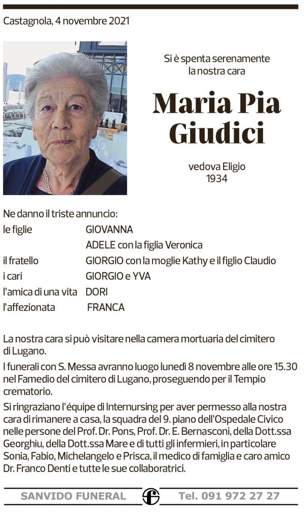 Annuncio funebre Maria Pia Giudici