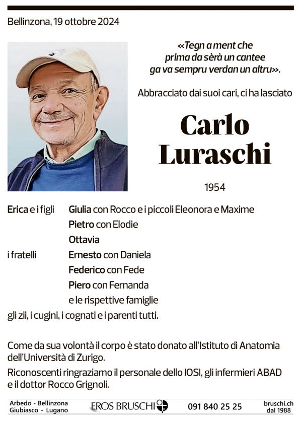 Annuncio funebre Carlo Luraschi