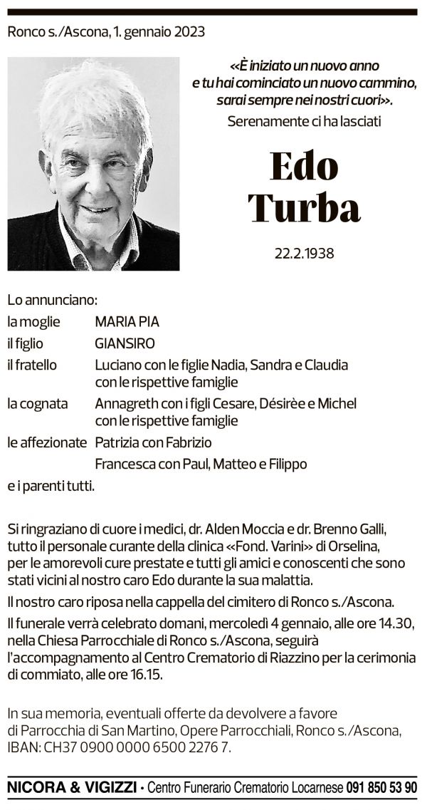 Annuncio funebre Edo Turba