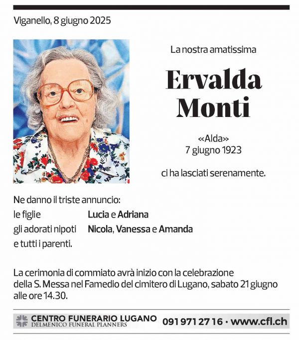 Annuncio funebre Ervalda Monti