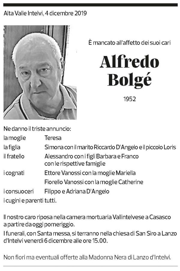 Annuncio funebre Alfredo Bolgé