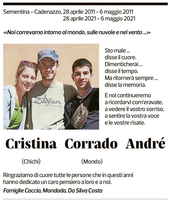 Annuncio funebre Cristina, Corrado, André Caccia, Mondada, Da Silva Costa