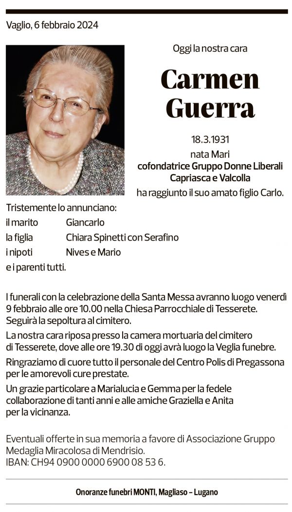 Annuncio funebre Carmen Guerra