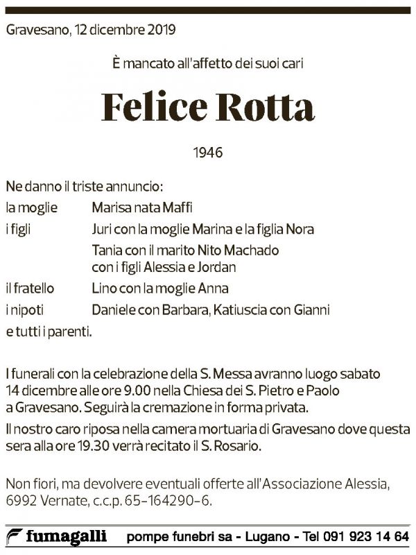 Annuncio funebre Felice Rotta
