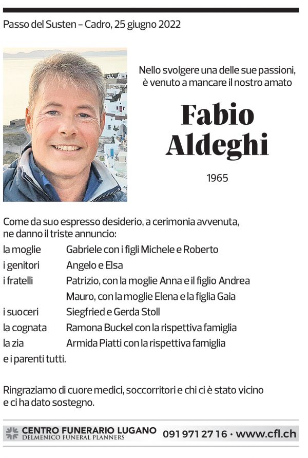 Annuncio funebre Fabio Aldeghi