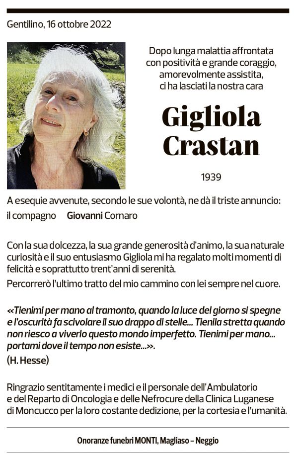 Annuncio funebre Gigliola Crastan