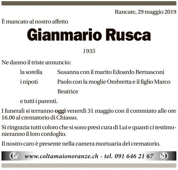 Annuncio funebre Gianmario Rusca