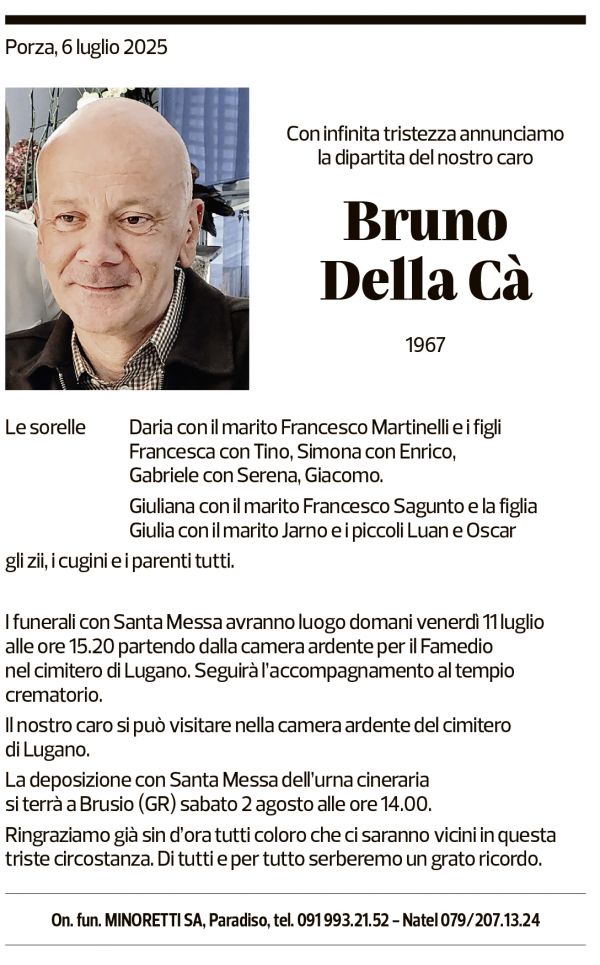 Annuncio funebre Bruno Della Cà