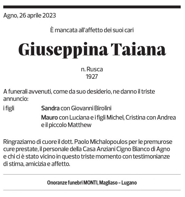 Annuncio funebre Giuseppina Taiana