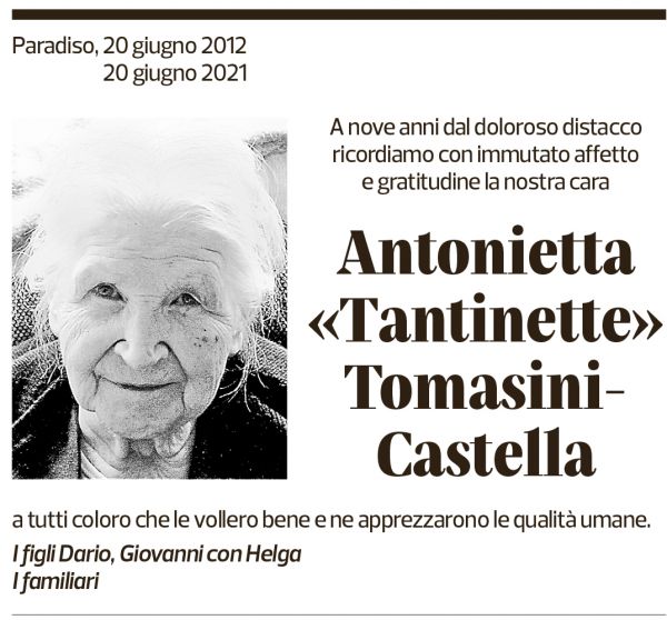 Annuncio funebre Antonietta Tomasini-castella