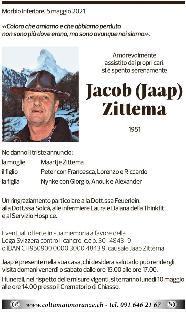 Annuncio funebre Jacob Zittema